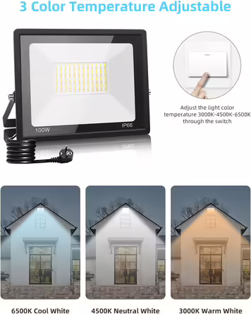 LED Flood Light Outdoor with Plug 100W, 3000K/4500K/6500K Dimmable LED Spotlight, 10000LM Super Bright LED Floodlight, IP66 Waterproof LED Spotlight Outdoor Floodlight for Yard Garden Sports Field