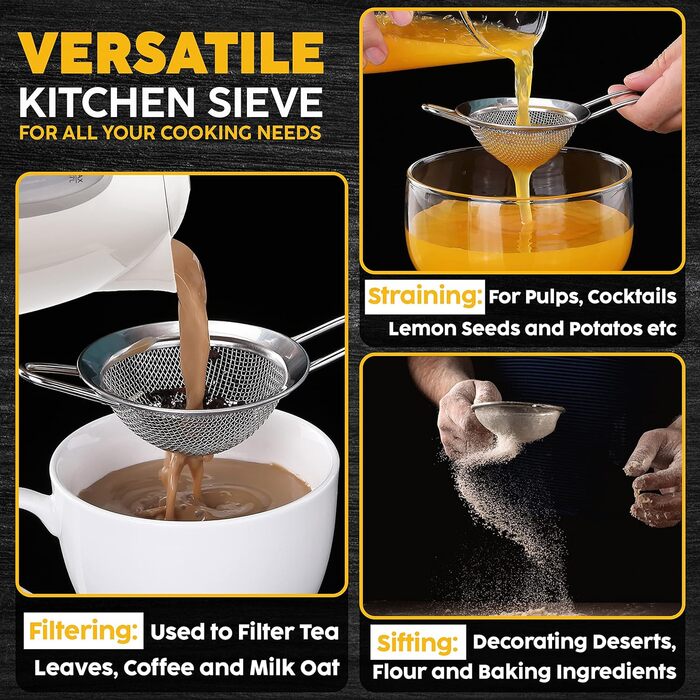 Набір сит Jojeys 3 розмірів - металеві сита з нержавіючої сталі, дрібний отвір - кухонне сито з нержавіючої сталі для приготування їжі та випічки, придатне для миття в посудомийній машині (8см)