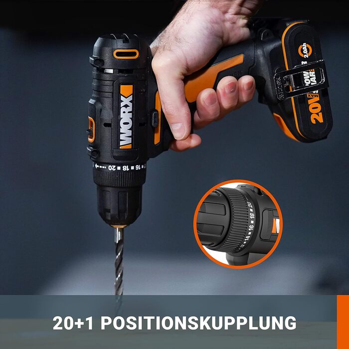 WORX WX108 акумуляторний дриль-шуруповерт 20V – універсальний інструмент для свердління та закручування, двоступеневий регулятор швидкості та 20+1 налаштувань крутного моменту до 45Nm – в комплекті 2x2Ah акумулятори та зарядний пристрій (10мм патрон, 30Nm