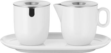 WMF Barista Sugar Bowl & Cream/Milk Pitcher Set - 130ml & 170ml - Porcelain with Lids and Saucers - Dishwasher Safe