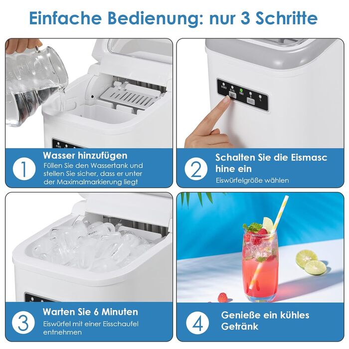 Машина для приготування льоду, 12 кг/24 год, 9 кубиків за 6 хвилин, 2 розміри кубиків, самоочисна, з лопаткою та кошиком, для дому, офісу, бару, вечірки (Біла)