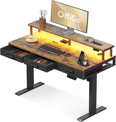 OffiGo Electric Standing Desk with Drawers, 120cm Adjustable Height Desk with Monitor Stand, Gaming Desk with Power Outlets & LED Light Bar, Brown Office Desk - 120 x 54cm