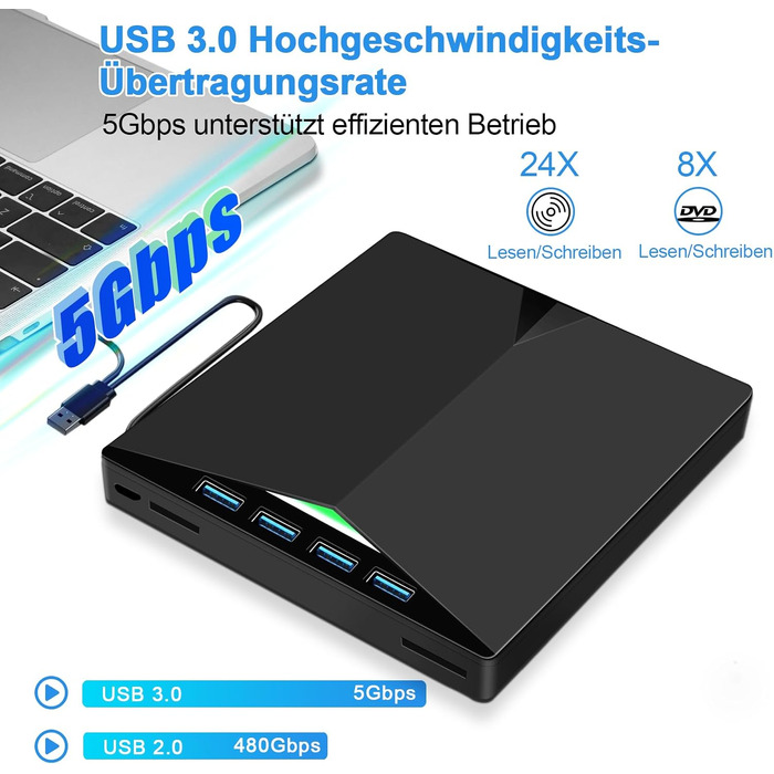 Зовнішній USB 3.0 CD/DVD привід-записувач з Type-C та багатофункціональним картрідером (USB, SD, TF) для ноутбука та ПК, Windows/Linux