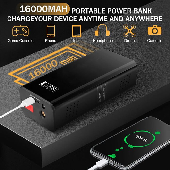 Powerbank з компресором для запуску авто 12V, 10L бензин/8L дизель, LED-ліхтар, швидка зарядка, чорний