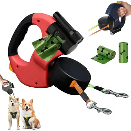 Відтяжна поводок для собак, 3 метри, з LED-підсвічуванням, подвійний поводок для 2 собак, обертання 360°, з контейнером для відходів, для собак до 50 кг, для тренувань та прогулянок (Червоний)