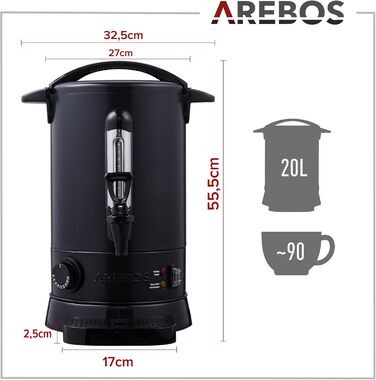 Arebos Glühwein Cooker 1650 W | Hot Beverage Dispenser | 20 L | with Drip Tray, Tap, Thermostat, and Overheating Protection | Temperature Setting from 30-110 °C (Black)
