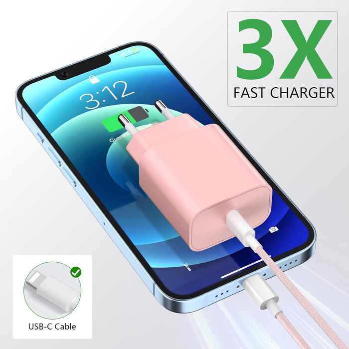 Зарядний пристрій 20W USB-C з кабелем Lightning для iPhone 14/13/12/11/X/XR/XS/Mini/SE - 2 шт. (Синій + Рожевий)