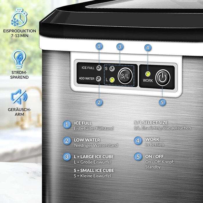 Tillvex Stainless Steel Ice Maker - 12kg Capacity, 24-Hour Production | 2.2L Water Tank, LED Display, Self-Cleaning Function | 2 Ice Cube Sizes