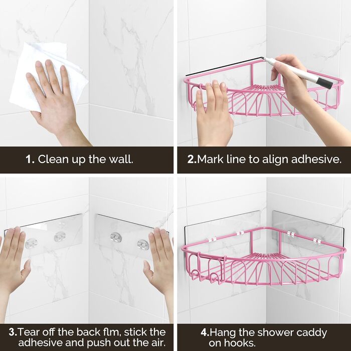 Orimade Shower Shelf, Stainless Steel, Self-Adhesive Shower Shelf, No Drilling Required, for Bathroom, Home Decoration, Kitchen, 2 Pack, Pink