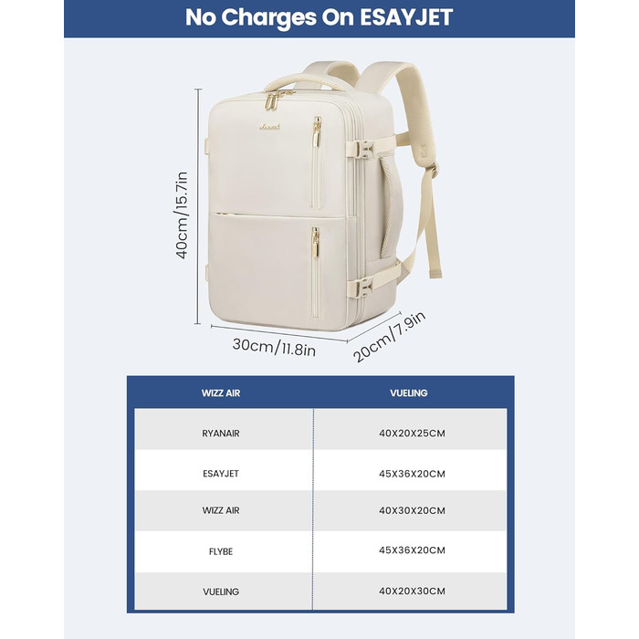 Рюкзак LOVEVOOK для жінок, ручна поклажа, 40x30x20 см, 24л, для ноутбука 14 дюймів, для подорожей, бізнес-рюкзак, бежевий