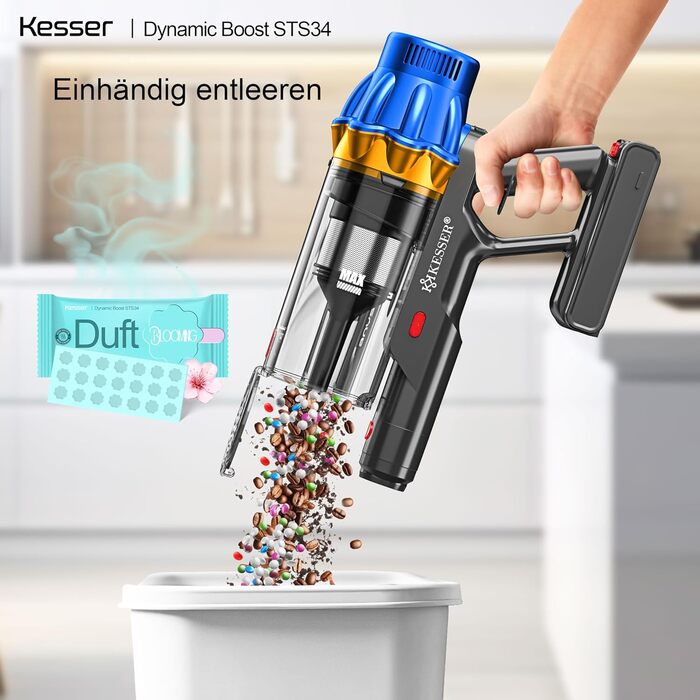 Бездротовий акумуляторний пилосос KESSER® з LED-дисплеєм | Тихий, без мішка, з антинамотувальною щіткою для твердих поверхонь, килимів та шерсті тварин (Синій/Золотий)