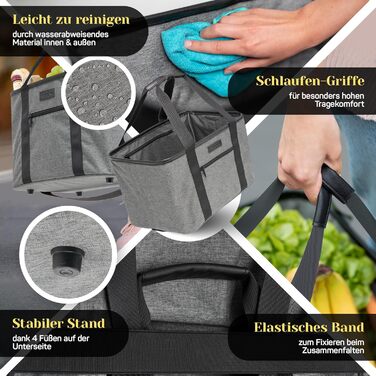 Foldable shopping basket in premium quality | Shopping bag with soft PU leather handle | ideal basket for shopping, 30 liters | stable & secure shopping bag (gray/black)
