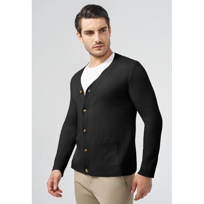 Чоловічий светр з V-подібним вирізом KUYIGO, чорний, з довгими рукавами та кишенями, розмір M-3XL