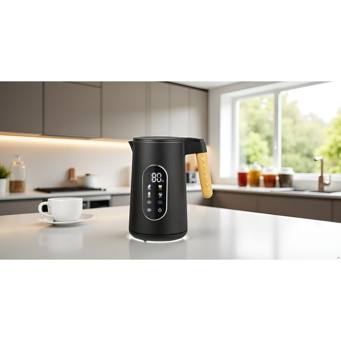 Електричний чайник з регулюванням температури 1.7л, 2200W, чорний, з дерев'яною обробкою