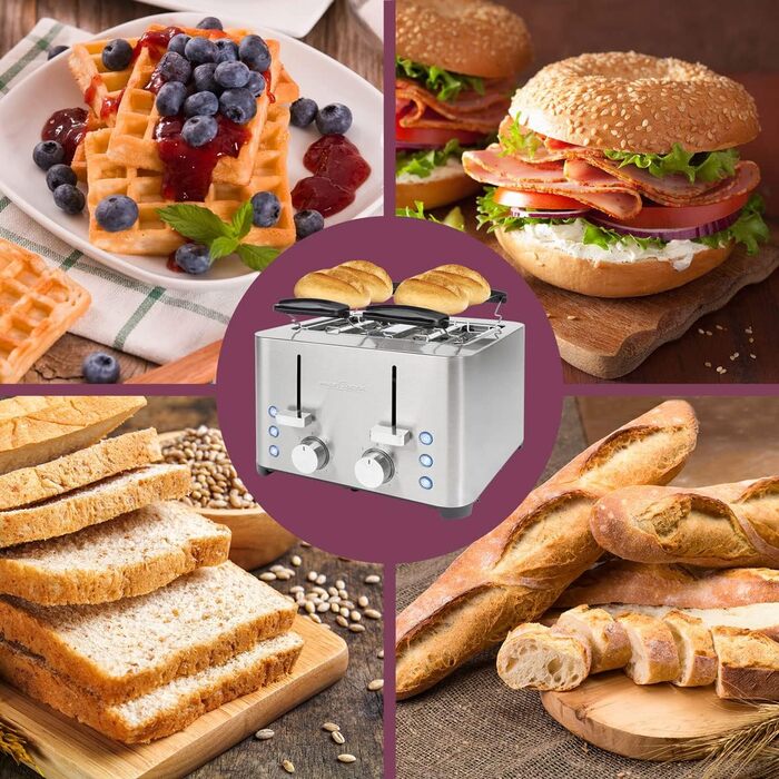 ProfiCook® Toaster | 4-Slice Toaster | Stainless Steel Housing | 1500 Watts | Wide Slot | Bagel Attachment (removable) | 7 Adjustable Browning Levels | Crumb Tray | Cord Retraction | PC-TA 1252 PC-TA 1252 inox