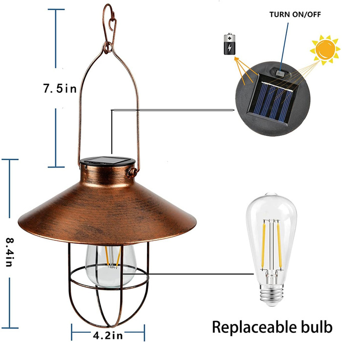 Pearlstar Solar Lanterns for Outdoors Hanging Vintage Metal Solar Lights Garden Light with Warm LED Lamps for Outdoor Garden Yard Patio Tree Decoration, Solar Landscape Lighting, Copper (Copper)