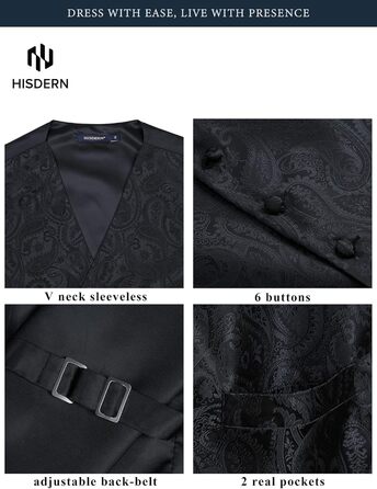 Чоловічий жилет та краватка Hisdern для весілля, жакардовий костюмний комплект, чорний, розмір XL