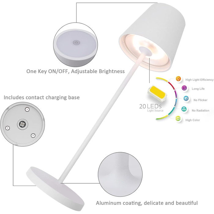 LED настільна лампа K-Bright з регулюванням яскравості | Акумуляторна, для дому та вулиці | Тепле світло | USB-зарядка | 1 шт.