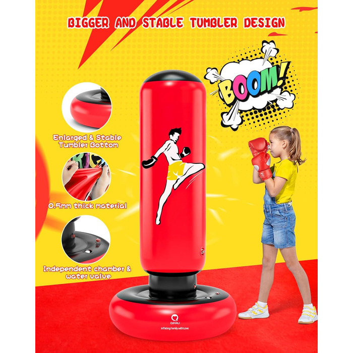 Дитячий боксерський мішок QPAU з рукавичками, 168 см, стабільний надувний боксерський мішок для дітей 6-12 років, подарунок для хлопчиків та дівчаток (Червоний)