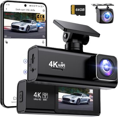 Відеореєстратор Topabol Dashcam Auto 4K + 1080P з Wi-Fi, двома камерами, нічним баченням, G-сенсором та підтримкою карт пам'яті до 256GB