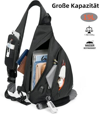 Сумка через плече TUDEQU для чоловіків, велика, 8 кишень, 19L, чорна