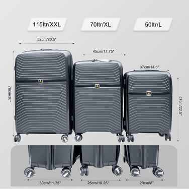 Чемодан Ribelli Handgepäck, 70L, з жорстким корпусом, на 4 колесах, з TSA-замком, телескопічний ручка, L-XL-XXL комплект (03201-чорний, L (50л))