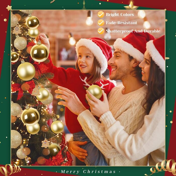 Набір прикрас для ялинки 141 шт., кульки для ялинки з пластику, матові, глянцеві, з блискітками, з вирізаним візерунком, ялинковий декор для дому та вулиці (золотий)