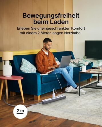 Захисна мережева стрічка Belkin 6-fach з USB, 6 розеток, 650 Дж, 2 м, для дому та офісу