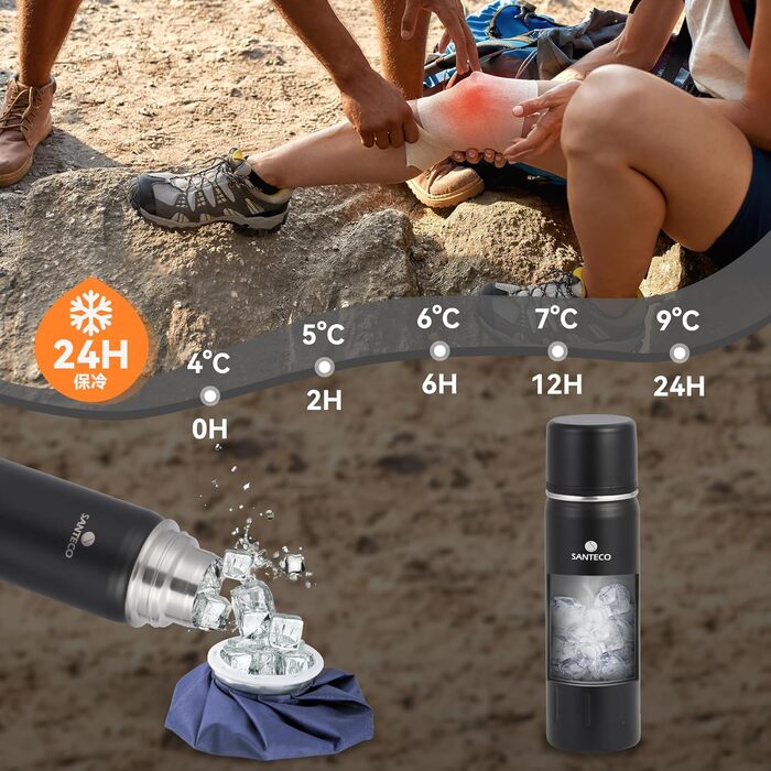 Термос з нержавіючої сталі SANTECO 1л/500мл, ізотермос з кришкою-чашкою, для дітей, спорту, без BPA, 24 години холод, 12 годин тепло, чорний