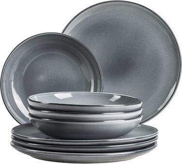 MÄSER Livio: Набір тарілок для 4 осіб (8 шт.) з тарілок для їжі та супу, сірий, кераміка, сучасний скандинавський стиль
