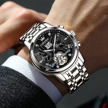 Чоловічий механічний годинник-скелетон OLEVS: автоматичний, з багатофункціональним календарем, водонепроникний, сталевий корпус (Сріблястий та Чорний)