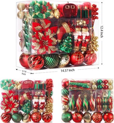 Набір прикрас на ялинку Shareconn 135 шт. - міцні ялинкові кулі з мотузкою, різні розміри та кольори (червоний, зелений, золотий) для декору ялинки в приміщенні та на вулиці
