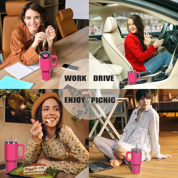 Термокружка WATERSY 40oz (591 мл) з нержавіючої сталі, подвійні стінки, з ручкою та трубочкою, для гарячих та холодних напоїв, рожевого кольору