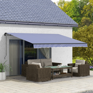 Outsunny Awning 4x3m Wall Mount Balcony Awning with Hand Crank, Sun Protection, Aluminum, Blue+White | Aosom