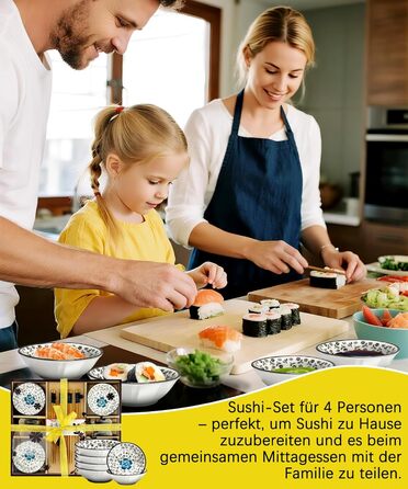 Набір для суші на 4 особи, 12 шт. з кераміки, круглий, з візерунком квітки сливи. Ідеальний подарунок на свята.