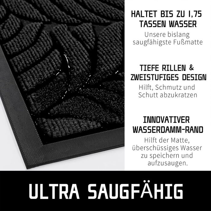 Килимок для входу Yimobra, 75 x 43 см, чорний - антиковзаюча, миється, для дому та вулиці | Килимок від бруду та пилу