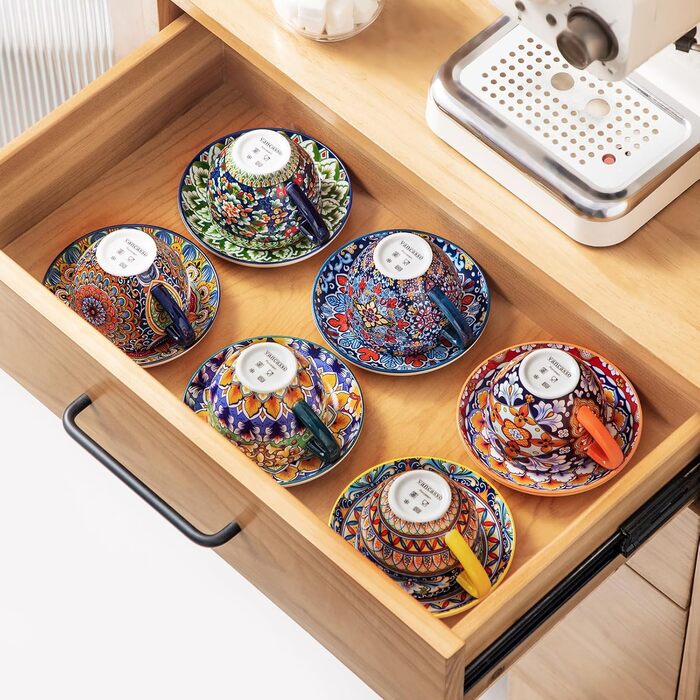 Набір кавових чашок капучино Vancasso SIMI (6 шт.) з блюдцями, 240 мл - фарфоровий посуд для 6 осіб, мікрохвильова піч, богемський стиль