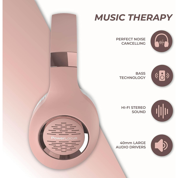 Навушники PowerLocus Bluetooth Over-Ear, бездротові, складні, з мікрофоном, Hi-Fi, глибокий бас, для телефону, планшета, ПК (Rose Gold Deep)