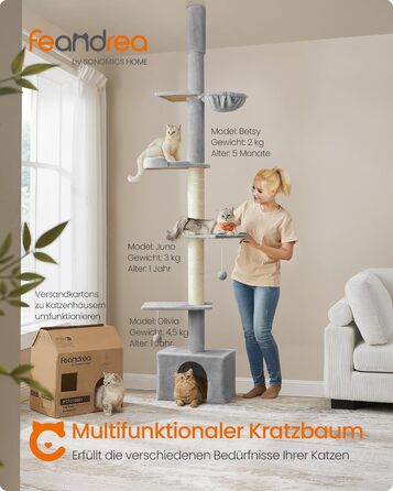 Когтеточка для котів Feandrea, 231-291 см, регульована висота, XXL, багатоярусна, товсті стійки (11 см), з будиночком, лежаком та платформою (світло-сіра)