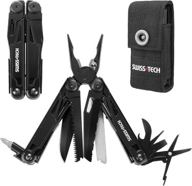 Мультитул Swiss+Tech 16-в-1: мультиінструмент з ножем, пилкою, плоскогубцями та ін. для кемпінгу та ремонту, з чохлом