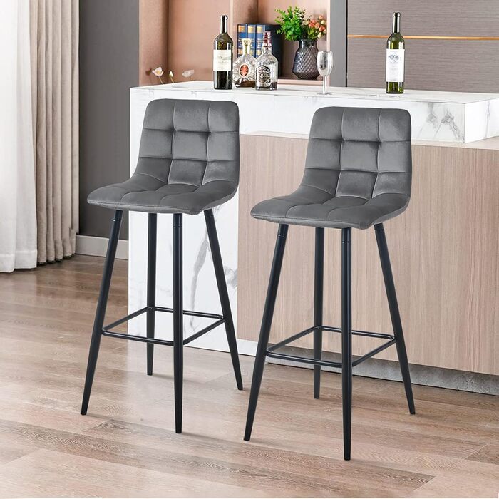 Velvet Bar Stools Set of 2 with Backrest - 66cm Counter Height - Grey