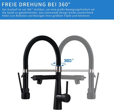 Чорний кухонний змішувач з висувною лійкою, поворотний на 360°, з витяжною насадкою для душу, для високого тиску, чорний, Küchenarmatur Negro