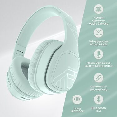 PowerLocus P7 Bluetooth навушники Over-Ear, складані, бездротові з басами, Hi-Fi стерео, з функцією гучного зв'язку, USB-C зарядка та тривалий час роботи для iPhone/PC/TV (М'ятний колір)