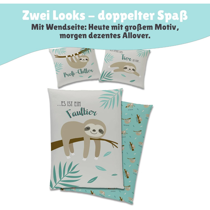 Дитяча постільна білизна Kinderbettwäsche Set: комплект 2 шт. з тваринами та глобусом. Декоративна ковдра 135x200 см + подушка 80x80 см, блискавка. Підходить для хлопчиків та дівчаток, 100% бавовна, ренфорсе, гіпоалергенна, сертифікат Oeko-Tex (лінивець)