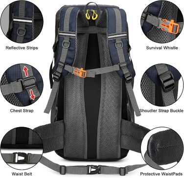 Jianyana Wanderrucksack 50L Trekking Backpack Rain Cover Travel Backpack Waterproof Camping Backpack for Hiking Camping Mountaineering Travel Sports Men Women (Blue)