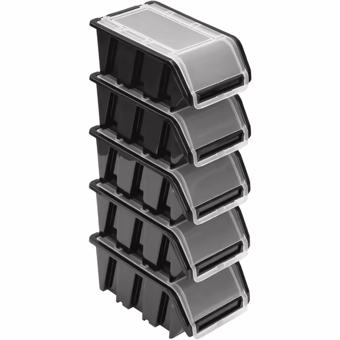 Stackable Boxes Set – Stackable Box with Lid 155x100x70 mm – Transparent Storage Box, (5x, Black)