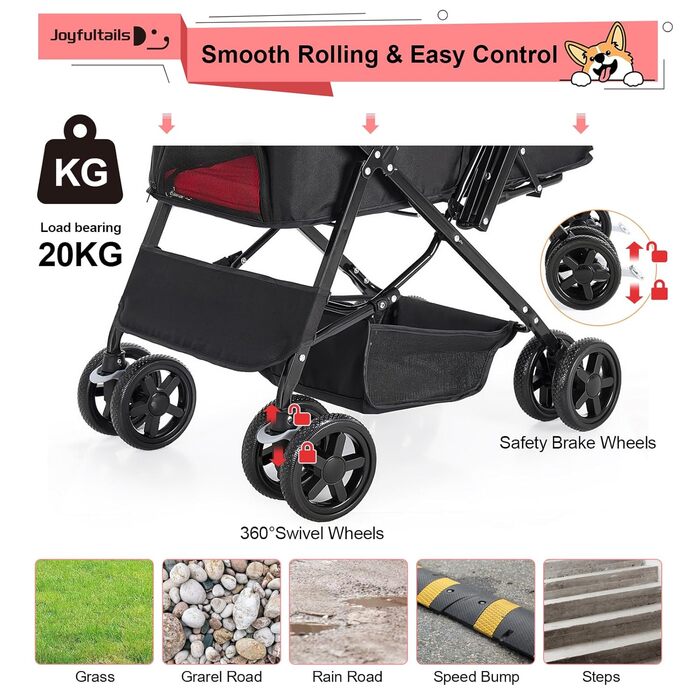 Складаний візок для собак, переноска для тварин до 20 кг, візок-роадстер для собак та котів (червоний)