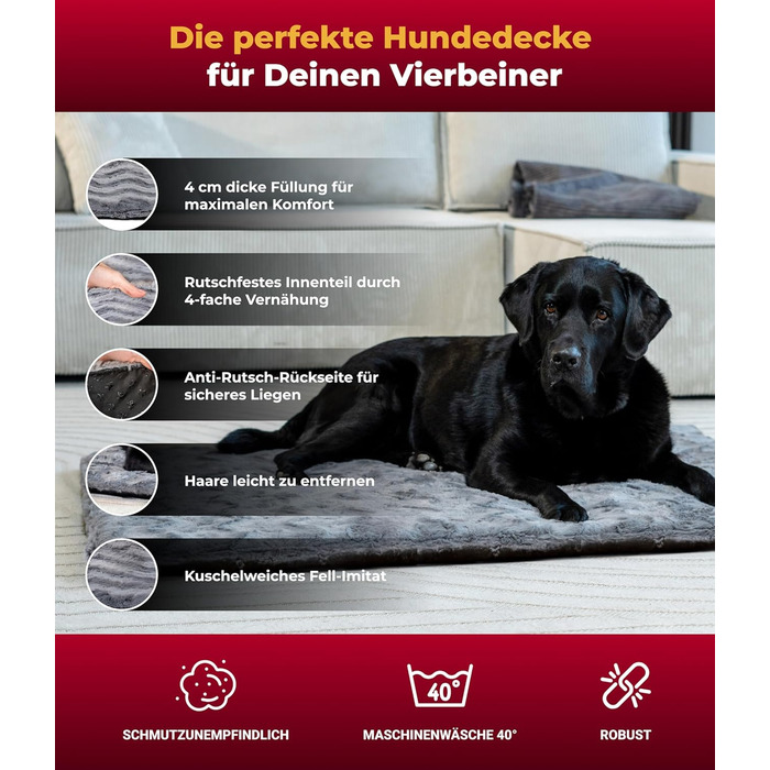Килимок для собак Преміум-якість з наповнювачем та антиковзаючою основою L (75x115 см) – М'який та Практичний – Зручна Деки для собак – Антрацитовий колір, Виготовлено в Німеччині 75x115 см