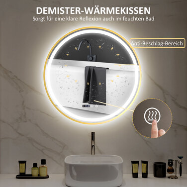 HOMCOM Round Bathroom Mirror with LED Lights, Anti-Fog Function, Touch Controls, and Display