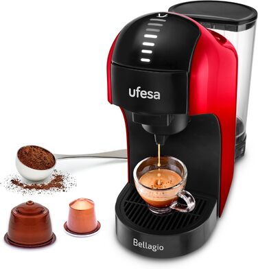 Ufesa Bellagio 3-in-1 Multi-Capsule Coffee Machine for Nespresso Original Capsule, Dolce Gusto, or Ground Coffee, Digital Touch Panel with 7 Levels, 1 L Water Tank, 1400 W, 15 Bar Pressure, Compact (1400 W | RED)